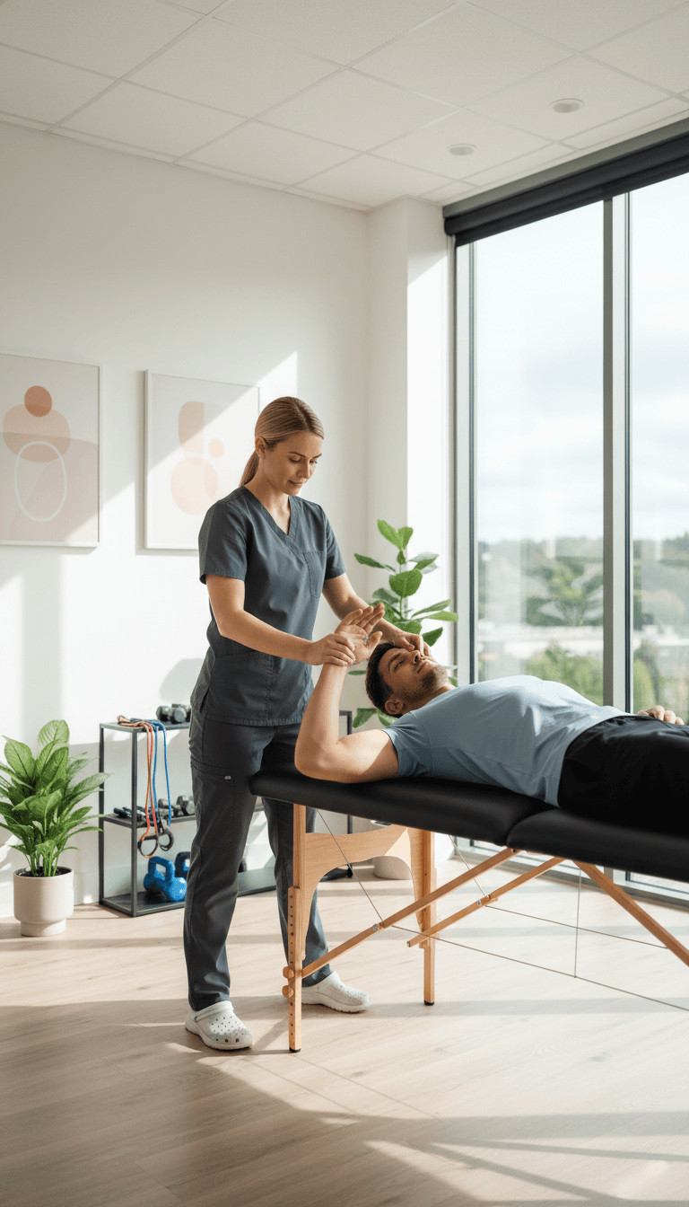 Sports therapist assessing athlete's shoulder mobility in a modern Toronto clinic