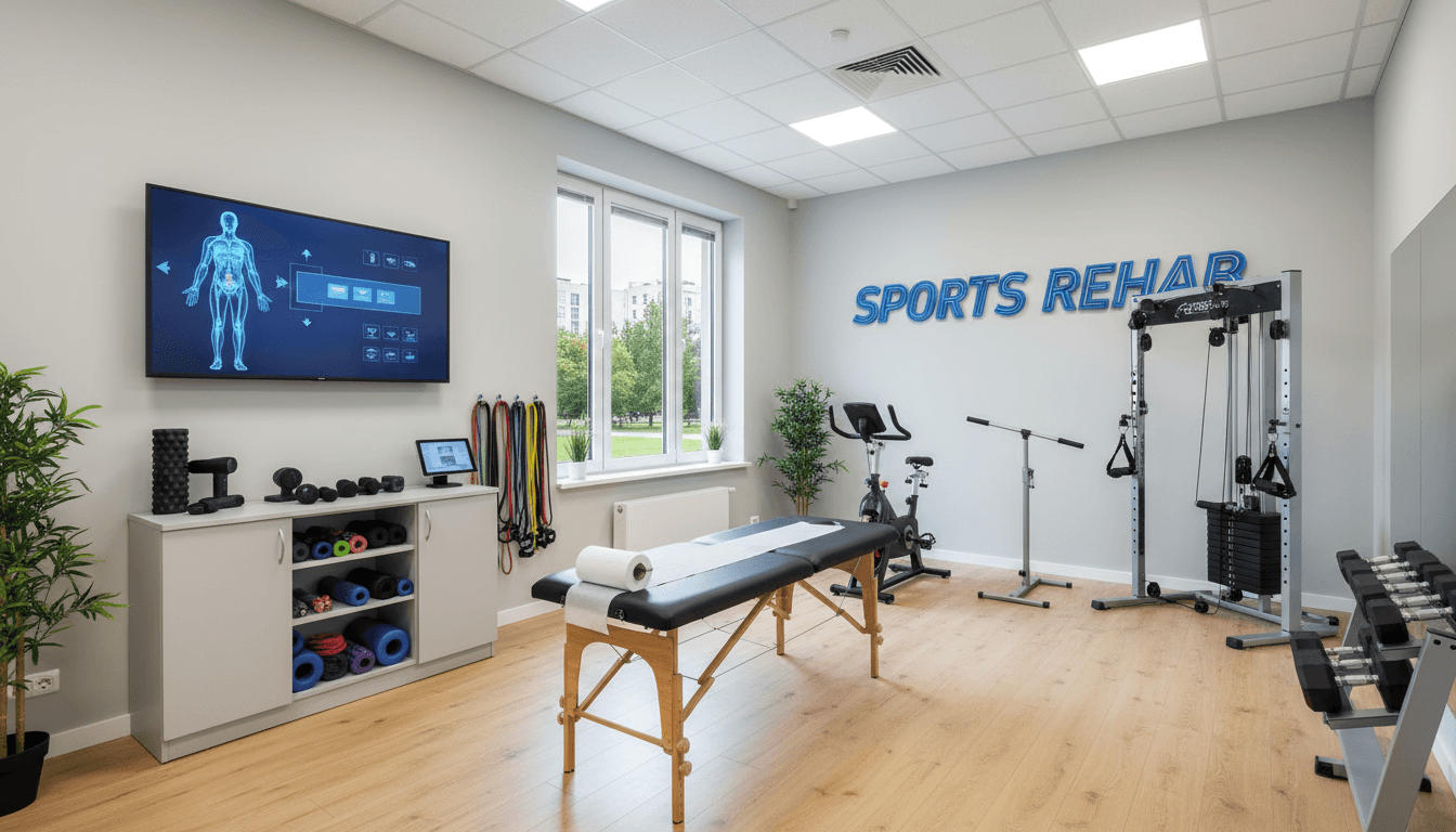 Bright and modern sports therapy clinic treatment room with a professional table